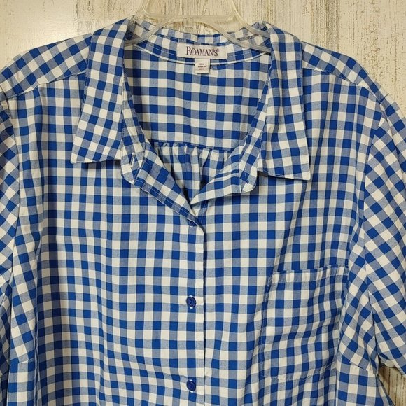Roaman's Button Up Shirt Women's Plus Size 30W Short Sleeves Blue White Plaid - Picture 3 of 8